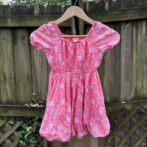 Crewcuts Girls Floral Print Dress Bubble Hem Short Sleeve Coral Pink Cotton Sz 6